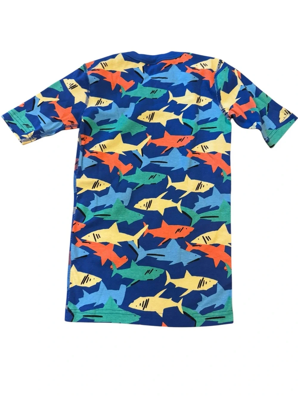 Hanna Andersson Blue night shirt with Orange, Yellow and Green Sharks